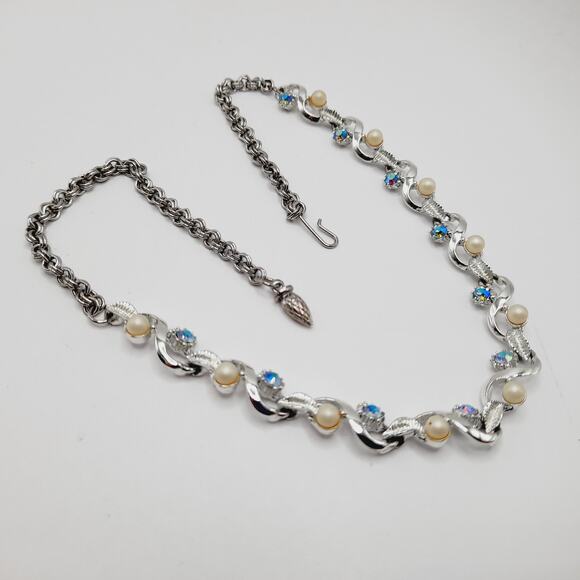 Vintage AB Rhinestone Faux Pearl Choker Necklace 18 Inch - Picture 7 of 9